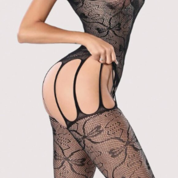 Black Bow Pattern Fishnet Bodysuit - Picture 2 of 7